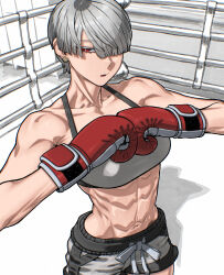 1girl abs boxing_gloves boxing_ring breasts collarbone grey_hair hair_over_one_eye hands_up highres looking_at_viewer muscular muscular_female navel one_eye_covered open_mouth original red_eyes rggr shorts solo upper_body