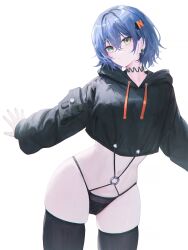 1girl absurdres alternate_costume belle_(zenless_zone_zero) black_hoodie black_panties black_thighhighs blue_hair closed_mouth commentary cropped_hoodie crossed_bangs flippy_(cripine111) hair_between_eyes hair_ornament highres hood hood_down hoodie letter_hair_ornament long_sleeves looking_at_viewer navel panties short_hair solo standing stomach thighhighs underwear zenless_zone_zero