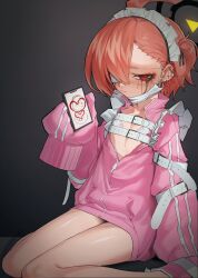 1girl ahoge black_halo blue_archive cellphone closed_mouth crying crying_with_eyes_open ear_piercing eyepatch flat_chest halo heart highres holding holding_phone jacket looking_at_viewer maid_headdress mask medical_eyepatch mole mole_under_eye mouth_mask neru_(blue_archive) one_eye_covered orange_hair phone piercing pink_jacket red_eyes sitting sleeves_past_fingers sleeves_past_wrists smartphone solo suitshark surgical_mask tears