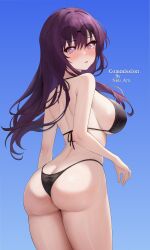1girl absurdres artist_name ass back bikini black_bikini blue_sky blush breasts butt_crack commission eyewear_on_head glasses highres honkai:_star_rail honkai_(series) kafka_(honkai:_star_rail) long_hair median_furrow nau_aru pink_eyes purple_hair sideboob sky solo spider_web_print swimsuit thighs
