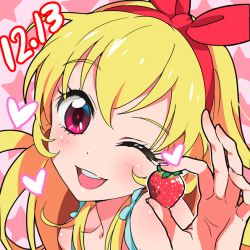10s 1girl ;d aikatsu! aikatsu!_(series) blonde_hair female_focus food fruit hoshimiya_ichigo long_hair mebae name_connection object_namesake one_eye_closed open_mouth ribbon smile solo strawberry