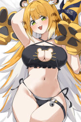 1girl :d absurdres aged_up alternate_breast_size alternate_costume animal_ears animal_hands arm_behind_head band_(skymole01) bell black_bra black_panties blonde_hair bra breasts clothing_cutout colored_inner_hair fang gloves green_eyes highres jingle_bell ju_fufu large_breasts long_hair looking_at_viewer meme_attire mouse_cutout mouse_lingerie multicolored_hair navel open_mouth panties paw_gloves side-tie_panties smile solo tail tiger_ears tiger_girl tiger_tail two-tone_hair underwear very_long_hair white_hair yellow_gloves zenless_zone_zero