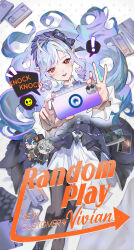 !? 1girl belle_(zenless_zone_zero) black_pantyhose black_skirt cassette_tape cellphone character_doll doll dress drill_hair english_text from_above hair_spread_out hairband highres holding holding_phone iphone looking_at_viewer lying multicolored_hair on_back open_mouth pantyhose phone pink_hair pointy_ears purple_hairband purple_nails red_eyes skirt smartphone solo spoken_expression spoken_interrobang streaked_hair taking_picture vivian_banshee white_dress white_hair wise_(zenless_zone_zero) zelpic zenless_zone_zero
