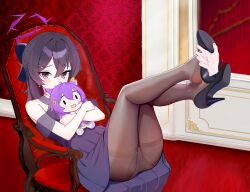 1girl black_hair blue_archive blush casley chair feet feet_up haruka_(blue_archive) haruka_(dress)_(blue_archive) highres long_hair looking_at_viewer panties panties_under_pantyhose pantyhose pantyshot purple_eyes shoes underwear unworn_shoes