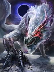 claws commentary_request crack cracked_floor dragon dragon_horns dragon_wings eclipse highres horns kurotokusa monster monster_focus monster_hunter_(series) no_humans red_eyes red_lightning spiked_wings western_dragon white_fatalis white_scales wings