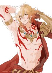 1boy abs adjusting_hair arm_tattoo arm_up armlet armor black_coat blonde_hair braid chest_tattoo clawed_gauntlets coat commentary earrings english_commentary facial_tattoo gold_earrings gold_necklace gradient_hair hair_between_eyes hands_up honkai:_star_rail honkai_(series) jewelry looking_at_viewer male_focus medium_hair multicolored_hair mydei_(honkai:_star_rail) necklace open_clothes open_coat pauldrons raye_venn red_hair red_tattoo shoulder_armor side_braid simple_background single_pauldron solo tattoo toned toned_male twitter_username white_background yellow_eyes