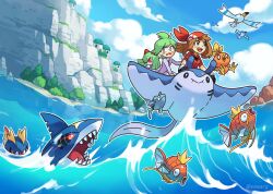 Rule 34 | 1boy, 1girl, absurdres, bandana, blue sky, brown hair, carvanha, cloud, day, gen 1 pokemon, gen 2 pokemon, gen 3 pokemon, green hair, grey jacket, highres, jacket, kirlia, magikarp, mantine, may (pokemon), nintendo, open mouth, outdoors, pokemon, pokemon (creature), pokemon oras, red bandana, red shirt, remoraid, sharp teeth, sharpedo, shirt, short sleeves, sky, smore (smearg), teeth, torchic, wally (pokemon), water, wingull