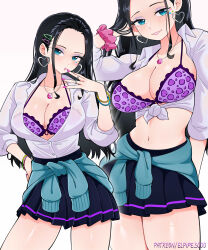 1girl absurdres black_hair black_skirt blue_eyes blue_jacket bra breasts cleavage clothes_around_waist earrings elpipe_3000 gyaru hair_ornament hairclip heart heart_earrings highres jacket jacket_around_waist jewelry large_breasts leopard_print_bra light_blush long_hair looking_at_viewer multiple_views navel necklace nico_robin one_piece parted_lips purple_bra scrunchie shirt skirt solo tied_shirt underwear white_shirt wrist_scrunchie