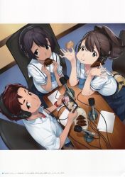 Rule 34 | 1boy, 2girls, :t, absurdres, ahoge, belt pouch, black hair, blue bow, bow, brown eyes, brown hair, chair, chest bow, chewing, chuo tanegashima high school uniform, collarbone, collared shirt, cookie, crop top, crumbs, daitoku junna, dark-skinned female, dark skin, desk, eating, elbows on table, food, food in mouth, from above, fukuda tomonori, furrowed brow, grey eyes, hair bun, headphones, highres, holding, holding food, holding tablet pc, indoors, long hair, looking at viewer, looking up, microphone, miniskirt, multiple girls, non-web source, official art, open collar, paper, plate, pleated skirt, pouch, radio, red eyes, red hair, robotics;notes, school uniform, screen, senomiya akiho, serafuku, shirt, short hair, short sleeves, skirt, smile, studio, t-shirt, tablet pc, watch, white shirt, wide-eyed, wristwatch, yashio kaito