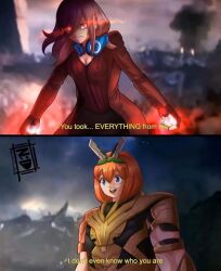 2girls avengers:_endgame avengers_(series) breasts brown_hair cosplay glowing glowing_eyes go-toubun_no_hanayome green_ribbon hair_over_one_eye headphones jacket marvel marvel_cinematic_universe medium_breasts multiple_girls muscular muscular_female nakano_miku nakano_yotsuba orange_hair parody red_jacket ribbon thanos thanos_(cosplay)