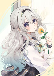 1girl black_hairband black_sailor_collar blush bow checkered_bow checkered_clothes checkered_skirt closed_mouth firefly_(honkai:_star_rail) firefly_(spring_missive)_(honkai:_star_rail) flower green_bow grey_hair hair_between_eyes hair_ornament hairband highres holding holding_flower honkai:_star_rail honkai_(series) long_hair long_sleeves miniskirt multicolored_hair pink_eyes rino_cnc sailor_collar school_uniform serafuku skirt smile solo