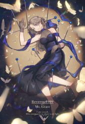 1girl absurdres bare_shoulders barefoot black_dress blue_bow blue_bowtie blue_eyes bow bowtie breasts bug character_name copyright_name dated dress english_text from_above full_body gloves grey_gloves grey_hair hand_up highres insect long_dress long_hair lying medium_breasts moth ms._grace_(reverse:1999) mune_yin&#039;an_hua_hua_de on_side parted_lips pin reverse:1999 see-through_cleavage see-through_clothes solo spotlight