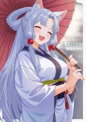 1girl animal_ear_fluff animal_ears blush breasts closed_eyes fox_ears hair_ornament hair_rings highres holding holding_umbrella japanese_clothes kimono large_breasts long_hair long_sleeves obi oil-paper_umbrella open_mouth poke_kuu sash sidelocks smile solo touhoku_itako umbrella voiceroid white_hair white_kimono wide_sleeves