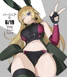 1girl alice_gear_aegis animal_ears black_gloves blonde_hair blue_eyes blush_stickers breasts dated earrings fake_animal_ears fingerless_gloves gloves jewelry long_hair looking_at_viewer medium_breasts navel one_eye_closed rabbit_ears signature solo sports_bikini takada_kazuhiro thighhighs two-tone_background v virginia_glynnberets