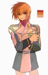 Rule 34 | 1boy, brown hair, cowboy shot, gundam, gundam seed, jacket, kira yamato, long sleeves, looking to the side, male focus, military jacket, military uniform, purple eyes, she (morianosu), simple background, solo, white background