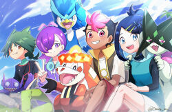 2boys 2girls absurdres black_hair blue_eyes blue_hair blush closed_mouth commentary_request cowlick crocalor dark-skinned_male dark_skin dot_(pokemon) eyelashes fang fangs gen_3_pokemon green_hair green_hair_ornament green_pants green_shirt hair_bun hair_ornament hair_over_one_eye hairclip hat highres jacket liko_(pokemon) long_sleeves looking_at_viewer meowscarada multicolored_hair multiple_boys multiple_girls nintendo omotemuki open_clothes open_mouth pants pink_hair pokemon pokemon_(anime) pokemon_horizons purple_eyes purple_hair quaxwell roy_(pokemon) sableye shirt short_hair short_sleeves shorts smile teeth tongue two-tone_hair ult_(pokemon) vest