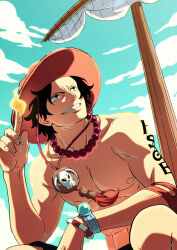 1boy abs arm_tattoo black_hair boat bracelet commentary elbow_pads english_commentary fire freckles hat highres jewelry log_pose looking_to_the_side male_focus mixed-language_commentary necklace official_art one_piece orange_hat pearl_necklace portgas_d._ace short_hair single_elbow_pad smile solo tattoo topless_male v8ovztsi5r38485 watercraft