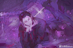 1boy asian baldur&#039;s_gate baldur&#039;s_gate_3 black_hair cazador_szarr dungeons_&amp;_dragons dungeons_&amp;_dragons heart highres looking_at_viewer lying male_focus monolids narrowed_eyes on_stomach pointy_ears smile solo the_pose vihua6