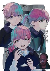 1boy 1girl :d absurdres black_bow black_hair blood blood_on_face blue_capelet border bow capelet closed_mouth cropped_torso crying crying_with_eyes_open dark-skinned_male dark_skin green_jacket grey_background grey_eyes hair_bow hands_up highres hiroko129 jacket lapwing_(vrchat) long_hair long_sleeves looking_at_viewer multicolored_hair multiple_views open_mouth outline outside_border parted_lips pink_hair ponytail puffy_sleeves purple_eyes purple_hair ryan_gosling shirt smile sweat sweatdrop tears teeth turtleneck upper_body vrchat white_border white_outline white_shirt
