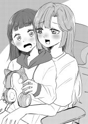 Rule 34 | 2girls, :3, :d, animal ear headphones, animal ears, anyoji hime, anyoji hime (summer loungewear), blunt bangs, blush, cat ear headphones, chair, commentary request, curtained hair, fake animal ears, fanfiction available, gaming chair, greyscale, headphones, highres, holding, holding headphones, hood, hoodie, kachimachi kosuzu, kachimachi kosuzu (summer loungewear), link! like! love live!, long sleeves, love live!, monochrome, multiple girls, namazakana kuenai, nose blush, on chair, open mouth, shirt, short sleeves, sidelocks, sitting, sitting on lap, sitting on person, sleeves past wrists, smile, sweatdrop, swivel chair, t-shirt, unworn headphones, virtual youtuber, yuri