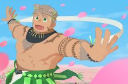 1boy :d abs animal_ears bad_anatomy bad_hands bara blush body_fur cherry_blossoms chest_hair cowboy_shot dog_boy dog_ears facial_hair falling_petals fangs foreshortening goatee gomeisa_(live_a_hero) green_eyes grey_hair hair_strand happy large_pectorals live_a_hero long_sideburns looking_at_viewer male_focus muscular muscular_male no_nipples open_mouth pectorals pelvic_curtain petals short_hair sideburns smile solo stomach tattoo topless_male torakku_(toratruck9) tribal tribal_tattoo