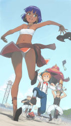 1990s_(style) 2girls 3boys akinbo_(hyouka_fuyou) bad_id bad_pixiv_id bandeau blue_eyes bob_cut boots bow bowtie bracelet brown_hair newsboy_cap closed_eyes controller cross-laced_sandals dark-skinned_female dark_skin day dress dress_shirt dust dutch_angle earrings flying from_below fushigi_no_umi_no_nadia glasses grandis_granva gratan_(nadia) green_eyes hair_ornament hairclip hanson hat highres holding holding_unworn_clothes holding_unworn_hat hoop_earrings jean_roque_raltique jewelry king_(nadia) kite lion loincloth midriff military military_vehicle motor_vehicle multiple_boys multiple_girls muscular nadia_la_arwall navel neck_ring necklace panties pantyshot petticoat purple_hair red_hair remote_control retro_artstyle running shirt short_hair sky smile strapless sunbathing suspenders tank tank_top throwing tower tube_top underwear undressing unworn_hat unworn_headwear vehicle vest