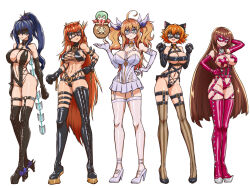5girls abs action_taimanin ahoge aishuu_hebiko alternate_costume animal_ears arms_up asymmetrical_legwear bell blindfold blonde_hair blue_eyes blue_hair bondage_outfit boots bracelet breasts brown_hair chain character_request check_character claw_pose cross-laced_footwear curvy domino_mask elbow_gloves fake_animal_ears full_body garter_straps gloves hair_ribbon hand_on_own_head hand_on_own_hip harness heel-less_heels high_heels high_ponytail highleg highleg_leotard hoof_shoes igawa_sakura jewelry kamimura_maika knee_boots koukawa_asuka large_breasts leotard lock long_hair looking_at_viewer mask miniskirt multiple_girls navel neck_bell official_alternate_costume onizaki_kirara orange_hair padlock pasties ponytail purple_eyes revealing_clothes ribbon sachisuki_gyoko shiny_clothes shiny_skin short_hair skirt smile spiked_bracelet spikes standing striped_clothes striped_thighhighs taimanin_(series) thigh_boots thighhighs thong_leotard twintails two_side_up uehara_rin vertical-striped_clothes vertical-striped_thighhighs very_long_hair very_short_hair white_background wide_hips