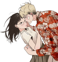 1boy 1girl bandaid bandaid_on_face black_hair blonde_hair blush brown_eyes commentary_request couple earrings eye_contact face-to-face from_side glasses hetero highres hug imminent_kiss jewelry leaning_forward long_hair long_sleeves looking_at_another oddxegg0 original parted_lips profile school_uniform shirt short_hair short_sleeves simple_background sweatdrop white_background white_shirt
