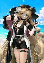 Rule 34 | 1girl, animal ears, arknights, beach, black hat, black shirt, black shorts, blonde hair, bracelet, breasts, chinese commentary, cleavage, commentary, dated, day, ears through headwear, fang, flower, gold, green eyes, grey flower, grey rose, hair flower, hair intakes, hair ornament, hat, highres, holding, jewelry, little zhuo, long hair, looking at viewer, medium breasts, ocean, open mouth, outdoors, parted bangs, pearl bracelet, plunging neckline, rose, shirt, short shorts, shorts, skin fang, solo, swire (arknights), swire the elegant wit (arknights), tail, tail ornament, tail ring, thigh strap, very long hair