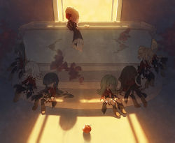 1girl aluce apple asmodeus_(umineko) bad_id bad_pixiv_id beatrice_(umineko) beelzebub_(umineko) belphegor_(umineko) black_hair blonde_hair brown_hair character_doll coffin closed_eyes flower food fruit green_hair hair_bun hair_flower hair_ornament leviathan_(umineko) lucifer_(umineko) mammon_(umineko) rose satan_(umineko) single_hair_bun stakes_of_purgatory umineko_no_naku_koro_ni white_hair window