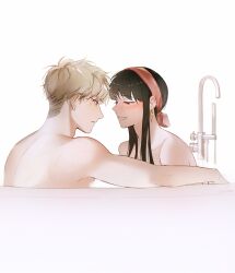 1boy 1girl absurdres bare_arms bare_back bare_shoulders bathing bathtub black_hair blonde_hair blue_eyes blush completely_nude earrings floating_earring hairband highres ideksams jewelry long_hair looking_at_another mature_female mature_male nude open_mouth red_eyes red_hairband red_ribbon ribbon shared_bathing short_hair sidelocks signature simple_background smile spy_x_family twilight_(spy_x_family) white_background yor_briar