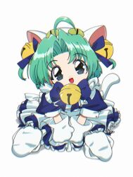 Rule 34 | 1girl, ahoge, bell, blue dress, blue ribbon, cat tail, curtained hair, dejiko, di gi charat, dress, full body, green hair, highres, jingle bell, mittens, open mouth, ribbon, short hair, simple background, sitting, solo, tail, white background, white mittens, yo-co
