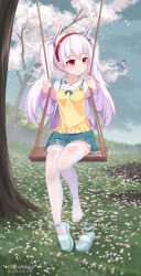 1girl animal_ears artist_name azur_lane blue_bow blue_jacket blue_ribbon blue_skirt bow bug butterfly cherry_blossoms chinese_commentary cloud cloudy_sky dated dress fake_animal_ears feet forest grass hairband highres insect jacket laffey_(azur_lane) laffey_(picnic_adventure?)_(azur_lane) long_hair long_sleeves nature official_alternate_costume on_swing petals pleated_skirt rain red_eyes red_hairband ribbon sandals shirt shirt_under_dress shoes single_shoe sitting skirt sky solo swing thighhighs toes tree twintails unworn_shoes very_long_hair wet wet_clothes white_footwear white_hair white_shirt white_thighhighs white_trim xiao_shi_lullaby yellow_dress