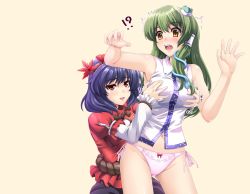 2girls asu_hare blue_hair bow bow_panties grabbing_another&#039;s_breast green_hair groping kochiya_sanae long_hair multiple_girls no_pants panties pink_panties red_eyes short_hair side-tie_panties standing touhou underwear yasaka_kanako yellow_eyes yuri
