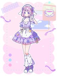 Rule 34 | 1girl, absurdres, commentary request, cup, full body, highres, magia record: mahou shoujo madoka magica gaiden, mahou shoujo madoka magica, maid, maid headdress, medium hair, pink hair, plate, purple eyes, ruru (rurumagi), solo, teacup, wa maid, yura hotaru