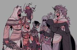 1girl 5boys aced_(kingdom_hearts) angry animal_ears arm_up bear_mask belt black_bodysuit black_coat_(kingdom_hearts) black_hair bodysuit cat_mask chain clenched_teeth commentary covered_eyes covered_face cracked_helmet creature dark-skinned_male dark_skin dirty dirty_face english_commentary fake_animal_ears grey_background gula_(kingdom_hearts) hand_on_own_hip helmet highres holding holding_creature holding_weapon hood hood_up invi_(kingdom_hearts) ira_(kingdom_hearts) keyblade kingdom_hearts kingdom_hearts_birth_by_sleep kingdom_hearts_x leaning_forward long_coat long_sleeves looking_at_another male_focus mask master_of_masters multiple_boys neck_ribbon open_mouth orange_ribbon parted_lips pointing pointing_at_another poncho red_belt red_eyes restrained ribbon robe sad short_hair sweatdrop teeth torn_clothes unicorn_mask unversed upper_body upper_teeth_only vanitas_(kingdom_hearts) viiperfish waist_cape weapon white_robe wide_sleeves yellow_eyes