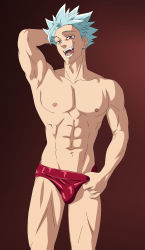 Rule 34 | 1boy, abs, ban (nanatsu no taizai), highres, legs, male focus, male underwear, muscular, muscular male, nanatsu no taizai, nipples, red eyes, sexyanimes, silver hair, smile, standing, underwear