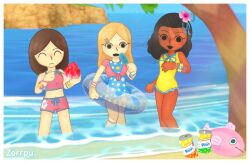3girls :d ^_^ anklet beach bikini black_eyes black_hair blonde_hair blue_one-piece_swimsuit bracelet brown_hair can chibi closed_eyes crop_top dark-skinned_female dark_skin day drink_can floral_print flower food frills guest_d_(mii) guest_e_(mii) guest_f_(mii) hair_flower hair_ornament hairclip ice_cream innertube jewelry loli long_hair medium_hair midriff mii_(nintendo) multiple_girls navel neck_ribbon nintendo ocean one-piece_swimsuit open_mouth outdoors palm_tree parted_bangs partially_submerged pink_one-piece_swimsuit popsicle ribbon shaved_ice shirt shorts smile soda_can standing swim_ring swimsuit tree wading water yellow_swimsuit zorrpu