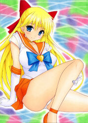 Rule 34 | 1girl, aino minako, ass, bishoujo senshi sailor moon, blue eyes, blush, bow, breasts, gloves, large breasts, leotard, leotard peek, long hair, magical girl, miniskirt, nightmare77zx, red bow, sailor venus, see-through clothes, see-through sleeves, sitting, skirt, super sailor venus, very long hair