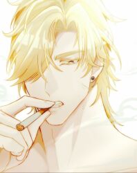 1boy amibaaanaka blonde_hair cigarette degrees_of_lewdity earrings hair_over_one_eye highres holding holding_cigarette jewelry male_focus portrait smoking solo whitney_(degrees_of_lewdity) whitney_(male)_(degrees_of_lewdity)