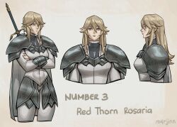 1girl absurdres armor blonde_hair bodysuit cape claymore_(series) claymore_(sword) faulds highres m4rjinn multiple_views rosaria_(claymore) shoulder_armor shoulder_pads simple_background sword sword_on_back turnaround weapon weapon_on_back