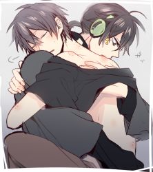 2boys bite_mark black_hair blush dark_konoha hand_on_another&#039;s_back headphones hug kagerou_project kisaragi_shintarou konoha_(kagerou_project) lovehammer lying_on_person male_focus multiple_boys open_mouth ponytail short_hair short_ponytail vocaloid yamaha yaoi yellow_eyes