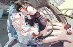 Rule 34 | 2girls, absurdres, ass, bare shoulders, black hair, blue eyes, blue hair, dress, finger to mouth, gradient eyes, highres, indoors, kneeling, long hair, looking at another, multicolored eyes, multiple girls, no legwear, no panties, no shoes, no socks, off-shoulder shirt, off shoulder, pink eyes, purple eyes, shirt, shoes, short dress, shushing, sitting, unworn shoes, white dress, xi yang yang, yuri