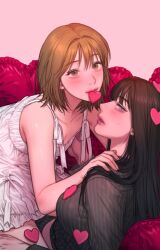 Rule 34 | 2girls, bad thinking diary, black hair, black shirt, brown hair, commentary request, dress, girl on top, hands on another&#039;s shoulders, heart, heart-shaped pillow, highres, kim minji (bad thinking diary), korean commentary, long hair, looking at viewer, lying, mouth hold, multiple girls, pillow, rangrarii, shirt, short hair, sleeveless, sleeveless dress, straddling, striped clothes, striped shirt, vertical-striped clothes, vertical-striped shirt, white dress, yuri