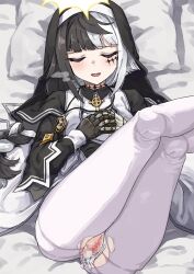 Rule 34 | 1girl, absurdres, aftersex, arrow cross, asymmetrical gloves, bed sheet, black capelet, black hair, blush, borrowed character, braid, braided ponytail, capelet, celtic cross, censored, closed eyes, closed mouth, coif, cross, cum, cum in pussy, cumdrip, doll joints, facial mark, facing viewer, feet out of frame, gloves, halo, hands on own chest, highres, hourglass, joints, kusugi tai, legs up, long sleeves, lying, mismatched gloves, mosaic censoring, multicolored hair, nun, on back, on bed, open mouth, original, pantyhose, pillow, smile, stole, torn clothes, torn pantyhose, two-tone hair, veil, violet (ac8231), white hair, white pantyhose