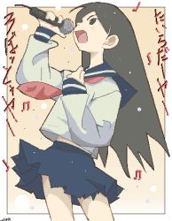 00s black_hair kitsu_chiri long_hair lowres microphone niea oekaki sayonara_zetsubou_sensei school_uniform serafuku skirt solo translation_request