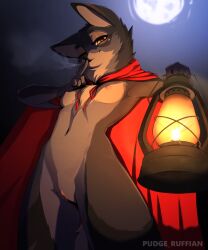 1girl absurdres artist_name body_fur breasts cape cowboy_shot furry furry_female grey_fur hand_up highres holding_lamp index_finger_raised moon navel night nipples one_eye_closed original pudgeruffian pussy red_cape small_breasts solo standing watermark