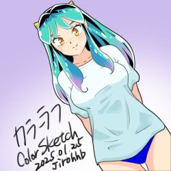 1girl aqua_hair arms_behind_back artist_name blue_panties bottomless breasts collarbone cone_horns dated dutch_angle gradient_background gradient_hair highres horns jirohhb long_hair looking_at_viewer lum multicolored_hair orange_eyes panties panty_peek purple_background shirt sidelocks signature solo standing underwear urusei_yatsura white_shirt