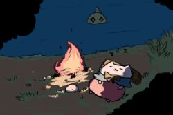 1girl animal_ears blue_capelet campfire capelet cat_ears cat_girl chibi chibi_only closed_eyes commentary_request dress frog full_body furry furry_female grass log lowres night outdoors pink_dress pochiko_(poteko) pond poring ragnarok_online roda_frog sleeping slime_(creature) solo summoner_(ragnarok_online) water zzz