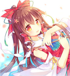 1girl bad_id bad_pixiv_id bare_shoulders bow brown_hair detached_sleeves female_focus gohei gradient_background hair_bow hair_ornament hair_tubes hakurei_reimu haraegushi lowres oonusa open_mouth petals pf red_eyes solo touhou